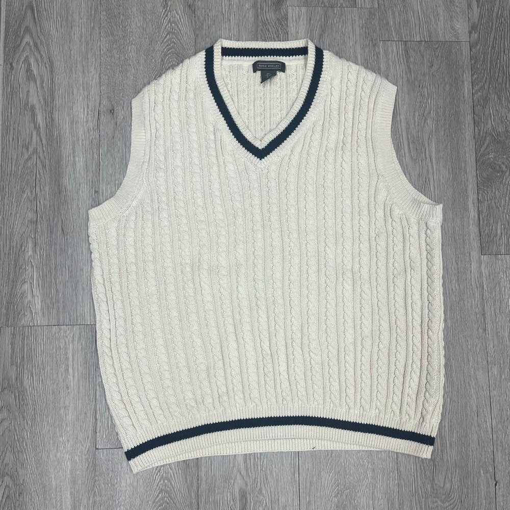 Rorie Whelan cream cable knit sweater vest vintage with navy blue trim cottage L